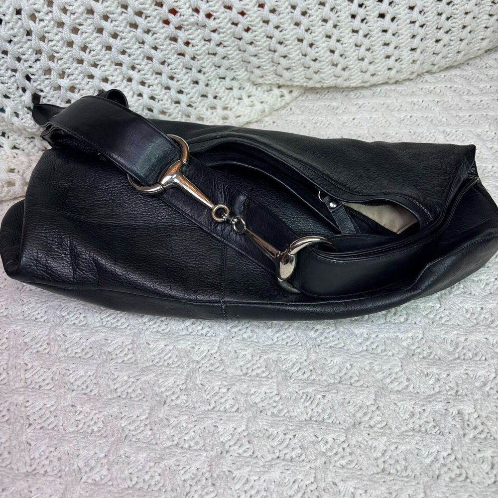 Women's Black Leather Hobo‎ Handbag Shoulder Bag with Massive Metal Hardware